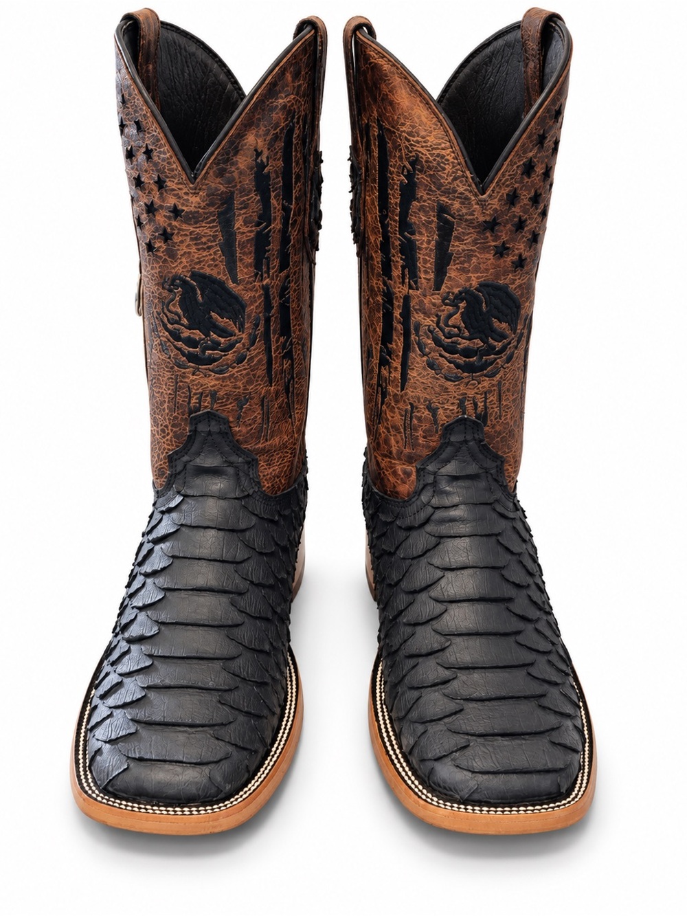 Rock’em Leather Western Black & Brown Exotic Textured Cowboy Boots